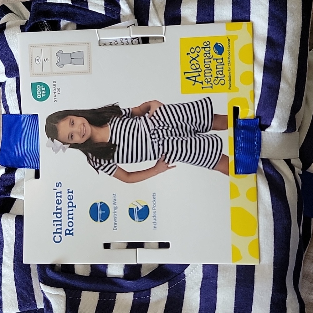 🌟Girls Short Sleeve Romper, Alex's Lemonade stand, navy and white stripes